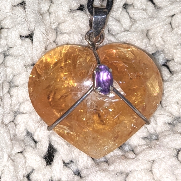 Hand Crafted Jewelry - Citrine Crystal Heart Necklace with Amethyst